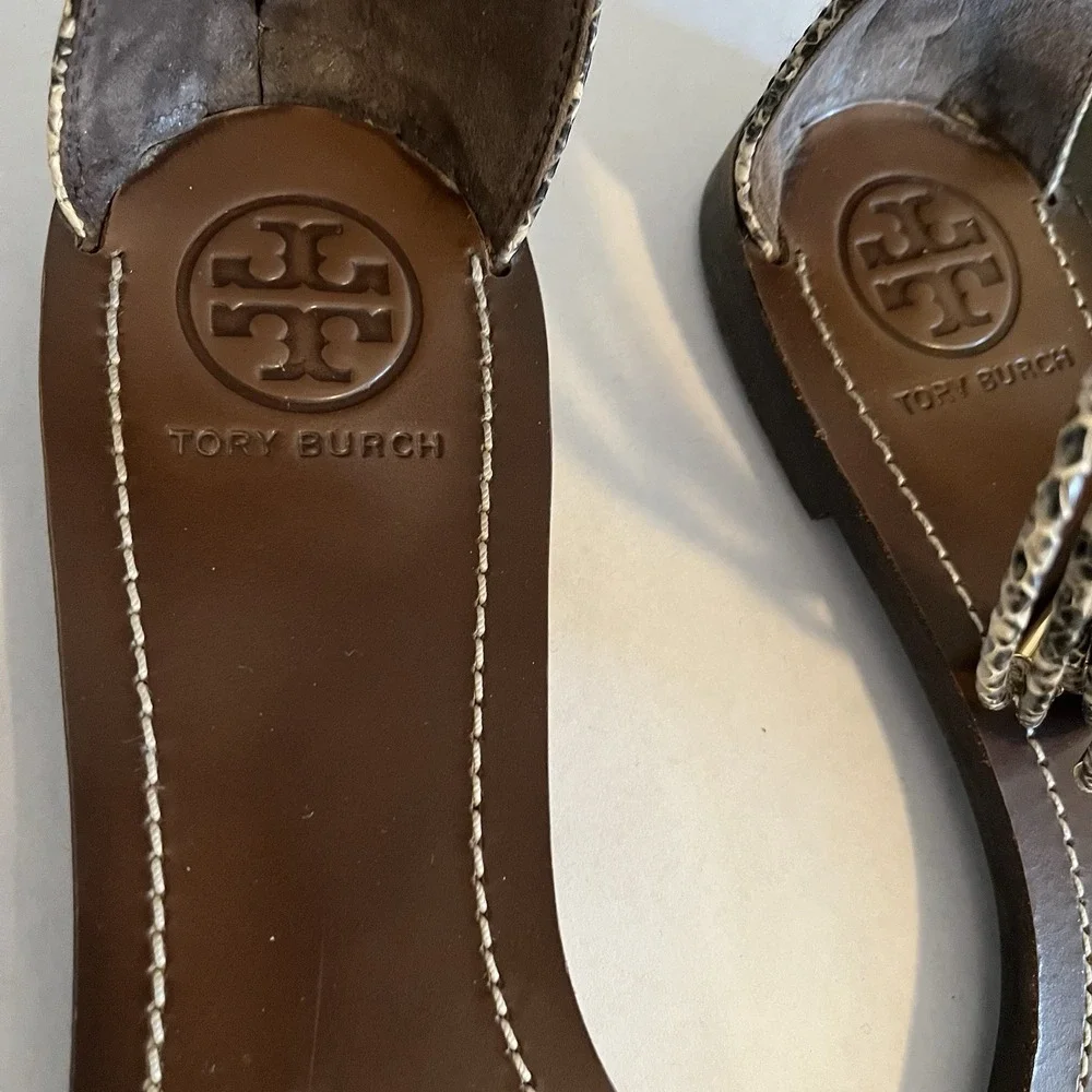 Tory Burch Mignon Rings Snake Print  Leather Sandals Ankle Strap Womens 11 Chic
